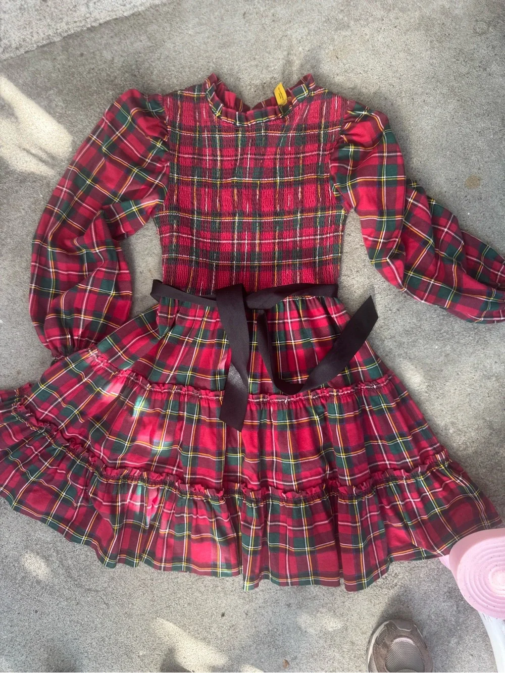 Ralph Lauren Red Green Plaid Smocked Dress with Black Waist Bow